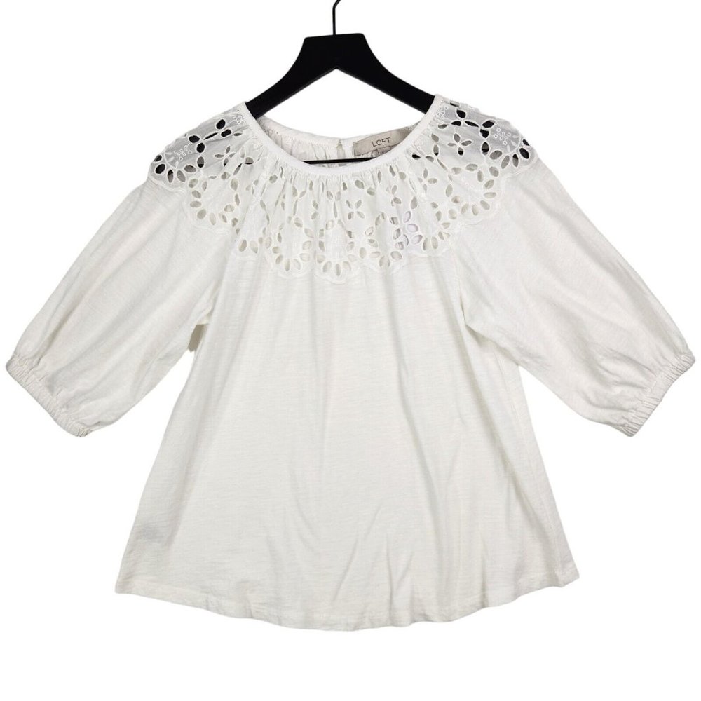 Loft Blouse Size‎ XXS White Embroidery Cut-Outs Eyelets Pheasant Boho Cotton